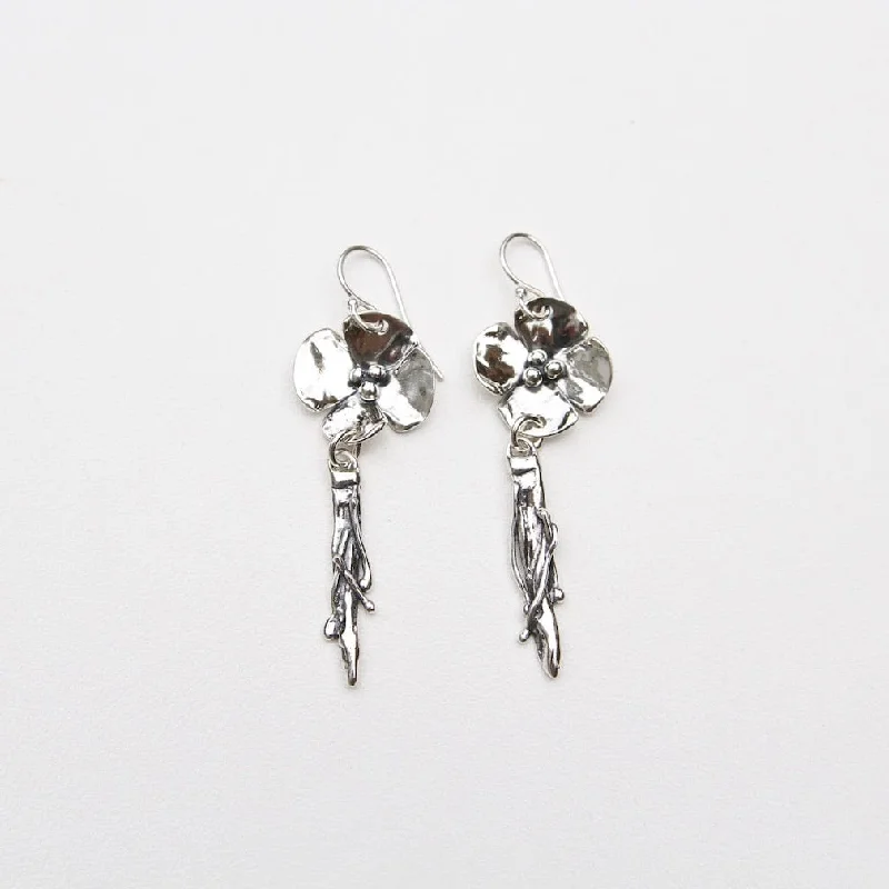 Sterling Silver Dogwood Flower with Vine Drop Earrings