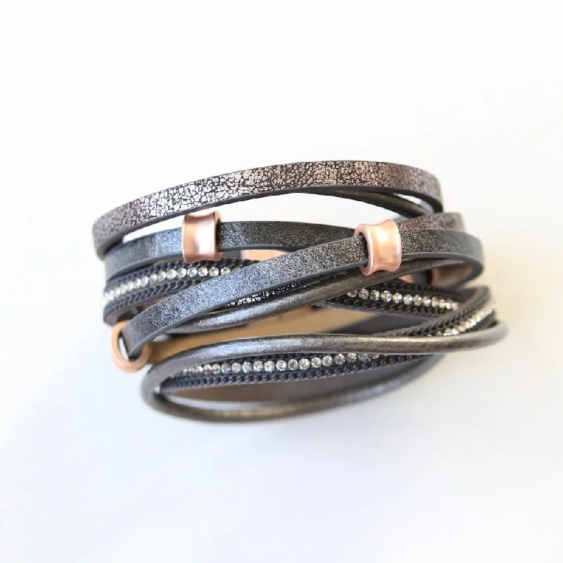 MATTE ROSE GOLD AND GREY LEATHER MULTI STRAND BRACELET