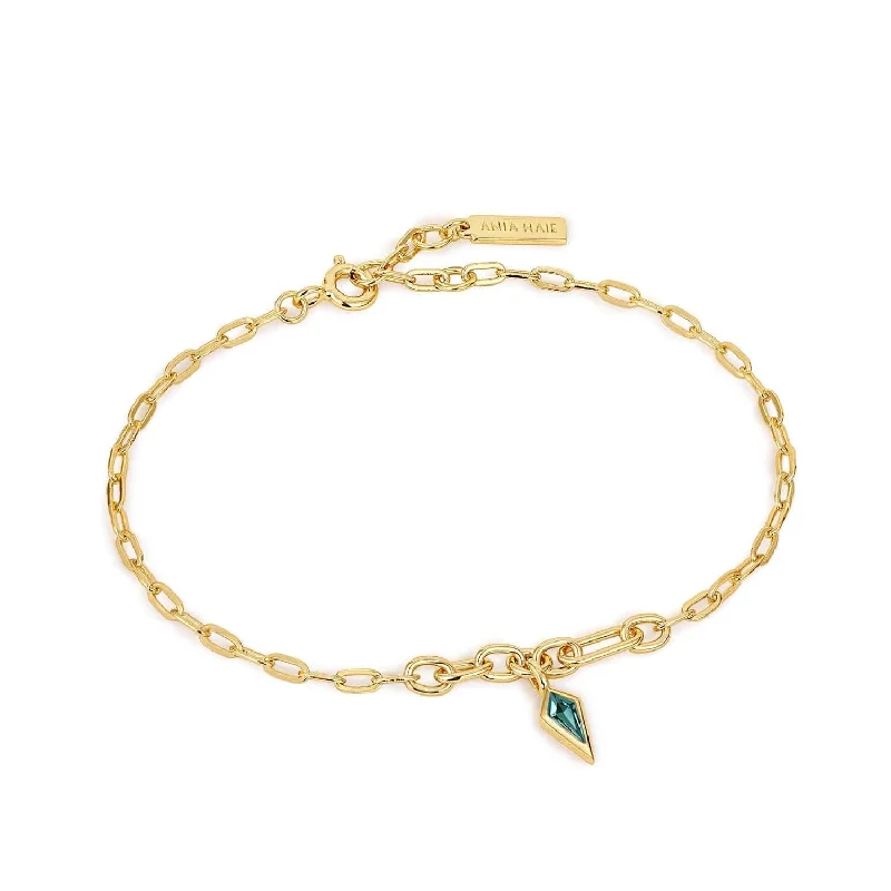 Gold Teal Sparkle Drop Pendant Chunky Chain Bracelet