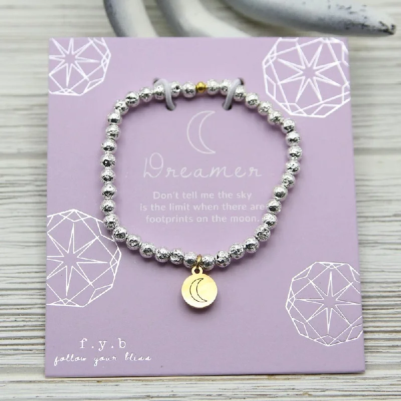 Dreamer ~ Stretchy Silver Coated Lavastone Bracelet - Gold Charm