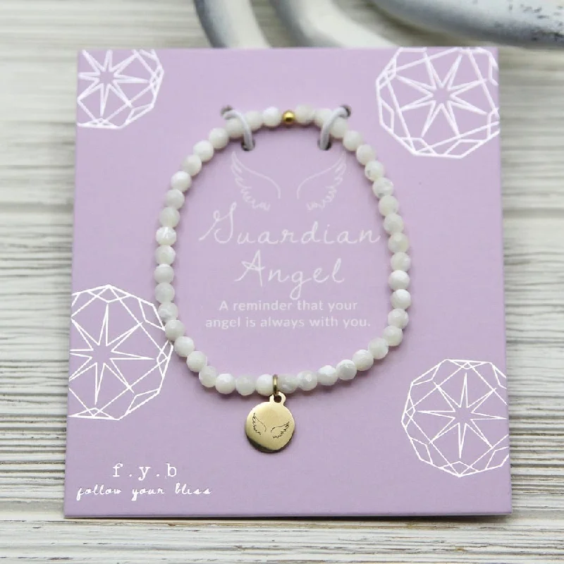 Guardian Angel ~ Stretchy Mother Of Pearl Bracelet - Gold Charm