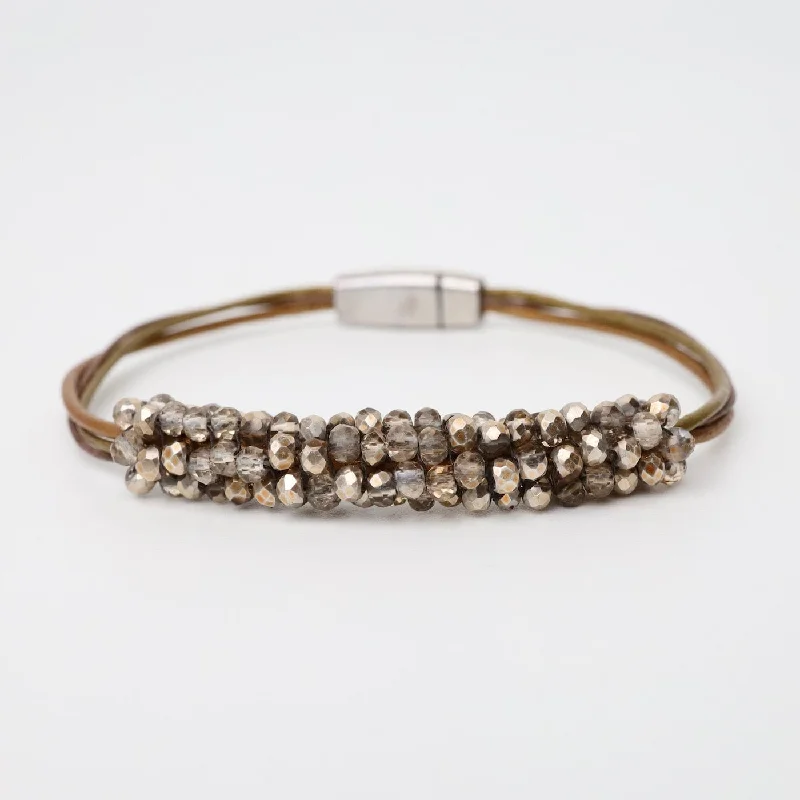 Hand Stitched Mixed Gold Crystals Leather Bracelet