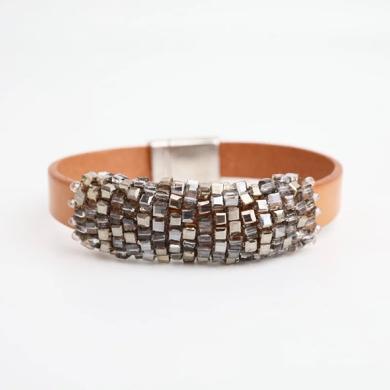 Hand Stitched Gold Mix Crystal Cubes on Flat Natural Leather Bracelet