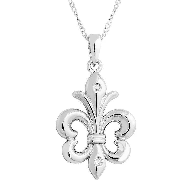 Diamond Fleur-de-Lis Pendant Necklace, Rhodium Plated Sterling Silver, 18"