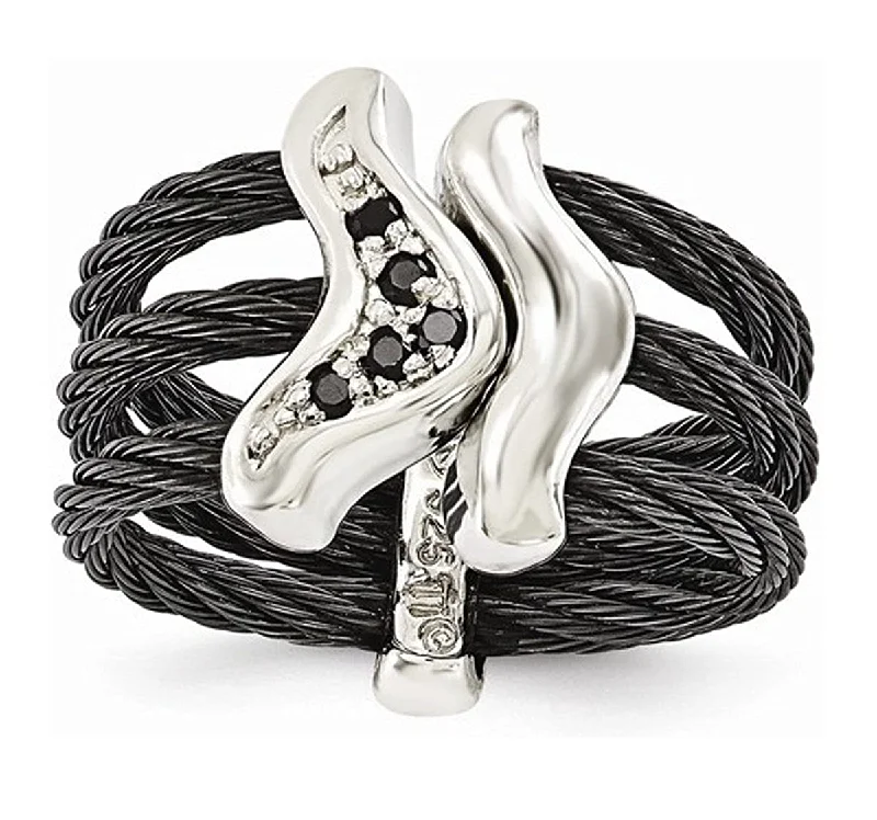 Edward Mirell Black Titanium with Sterling Silver, Black Spinel 21mm Flexible Cable Ring