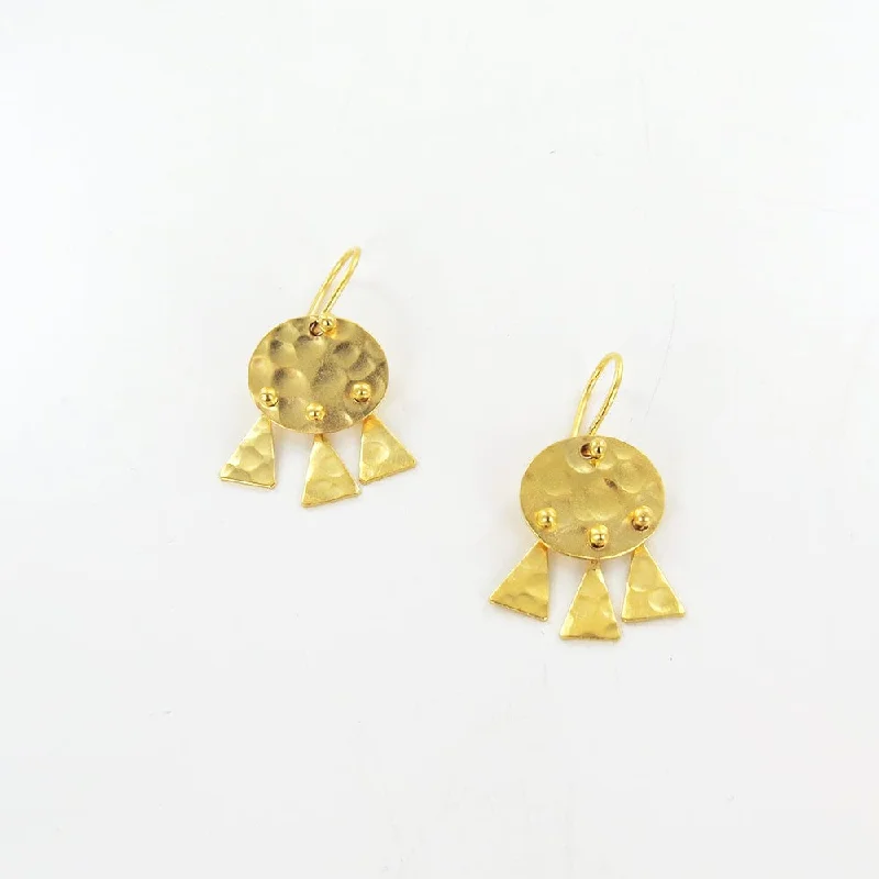 GOLD HAMMERED DISC AND TRIANGLE DROPS EARRINGS