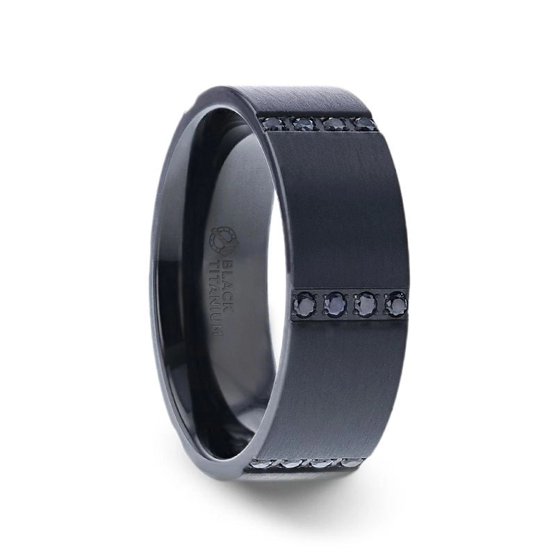 Flat Brushed Black Titanium Band with Black Sapphire Channels