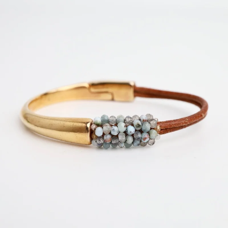 Hand Stitched Blue Labradorite, Aquamarine, Larimar on Leather & Rose Gold 1/2 Cuff Bracelet