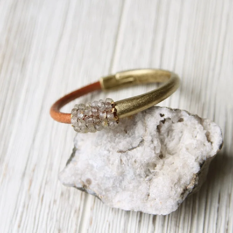 Golden Rutilated Quartz Hand Stitched Leather and Brass 1/2 Cuff Bracelet