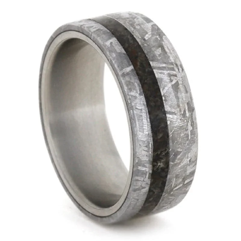 Gibeon Meteorite, Dinosaur Bone Overlay 8mm Comfort-Fit Matte Titanium Band