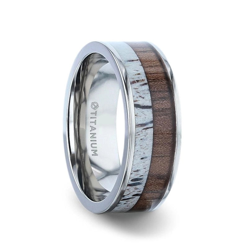 Titanium Flat Band with Deer Antler and Black Walnut Wood Inlay